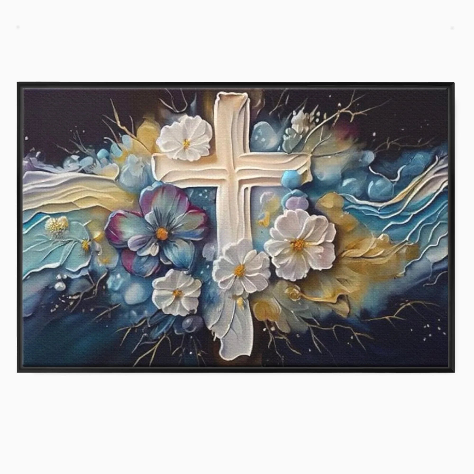 Tablou canvas cu pictura canvas cu cruce si flori, in rama de aluminiu negru